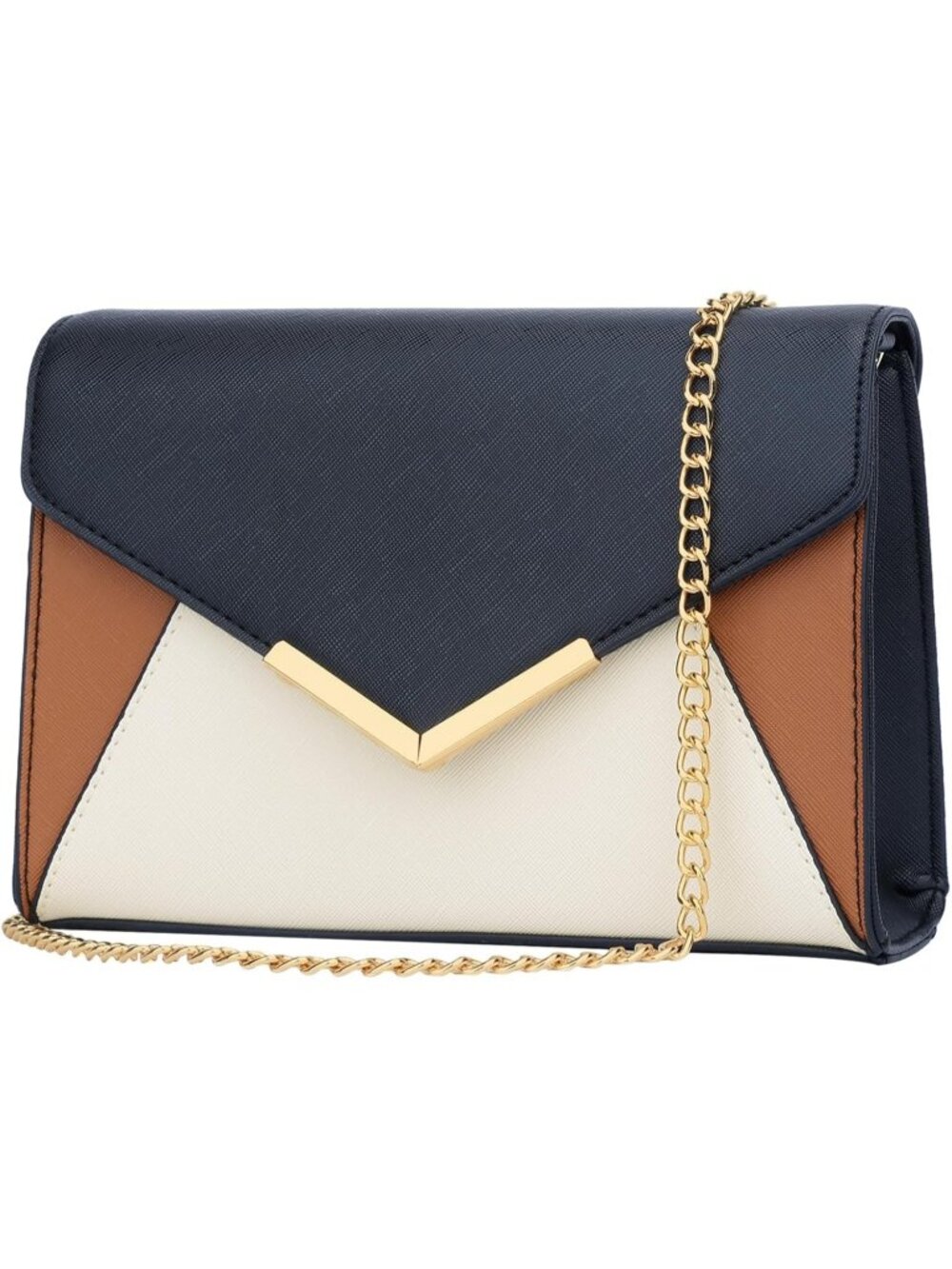 Women Black Cream Faux Leather Envelope Clutch Purse Crossbody Chain Evening Bag